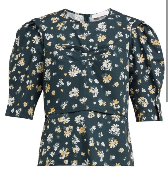 See by Chloe size 36 dark green floral Puff sleeve top - Picture 2 of 9